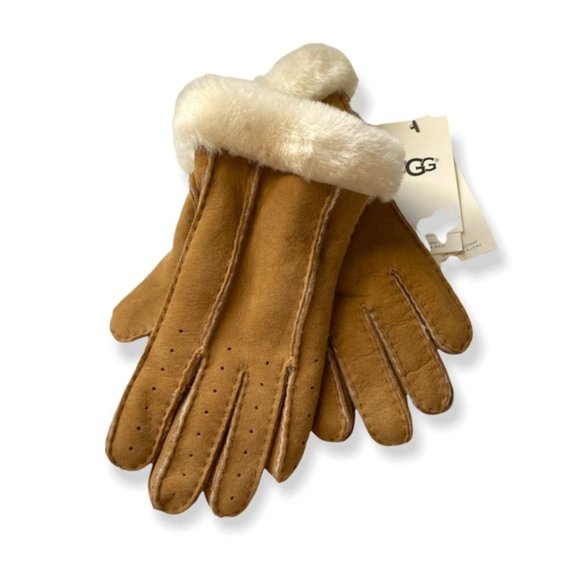 UGG Classic Perforated Genuine Shearling Suede Gloves Size Medium Chestnut - Picture 4 of 6